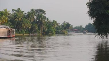 River side view of houseboats floating near palm trees, Kerala Backwaters, India