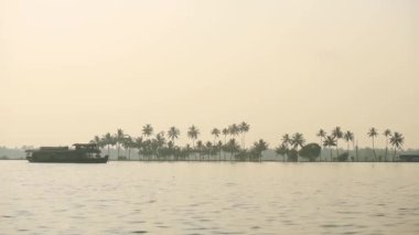 Landscape view of a houseboat floating on a river, Kerala Backwaters, India