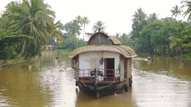 Landscape view of a houseboat floating on a river flowing through palm trees, Kerala Backwaters, India