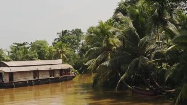 Houseboat floating on a river surrounded by palm trees, Kerala Backwaters, India