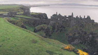 Ruins of Dunluce Castle, Antrim Coast, Northern Ireland. Aerial drone view