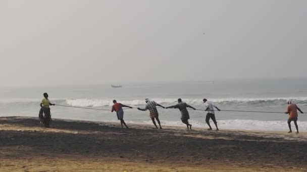 Locals Traditional Fishing Village Kappil Beach Varkala India Hauling Catch — Stock video