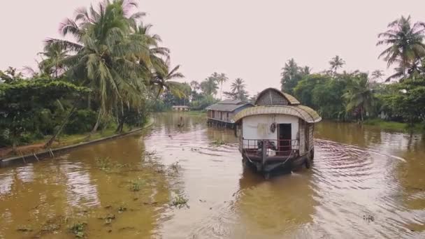Houseboats Floating Muddy River Surrounded Palm Trees Kerala Backwaters India — Vídeo de Stock