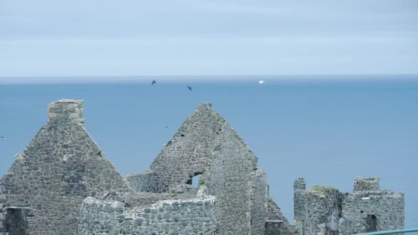 Ruins Medieval Dunluce Castle Beautiful Bright Blue Sky Antrim Northern — Video Stock