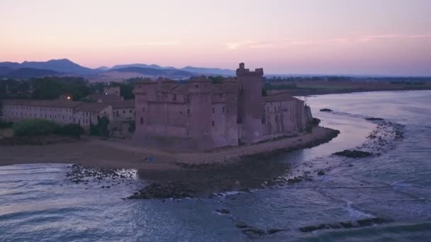 Пляж Замок Санта Фаста Восходе Солнца Прованс Рима Италия Воздушный — стоковое видео