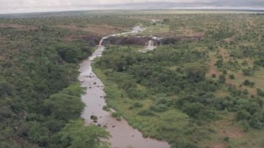 River and savanna landscape in Laikipia, Kenya. Aerial drone view