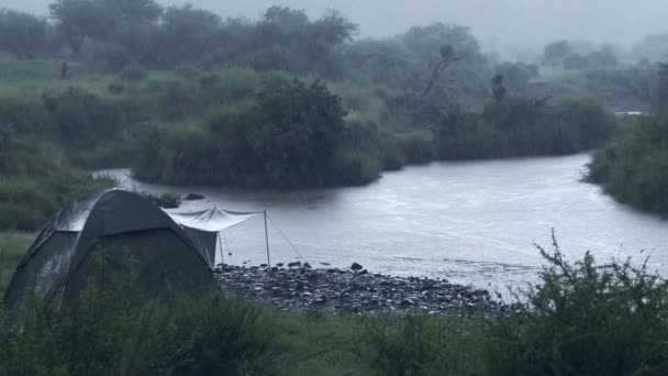 Camping Rainy Season Safari Kenya Bad Weather Rain Wide Shot — Wideo stockowe
