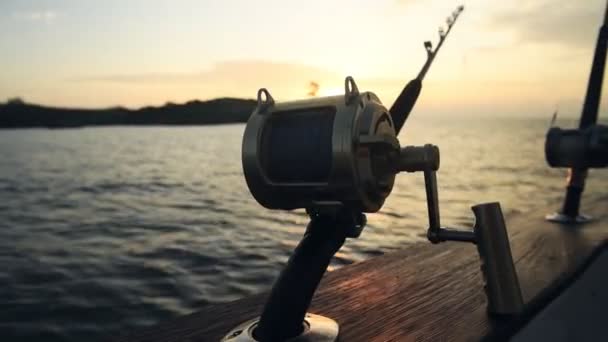 Deep Sea Fishing Rods Fishing Boat Sunrise — Video