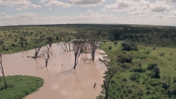 Waterhole Lake Laikipia Kenya High Aerial Drone View Kenyan Landscape — Vídeo de Stock