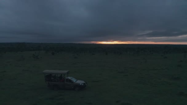 Aerial Drone View Wheel Drive Safari Drive Sunrise Laikipia Kenya — Stockvideo
