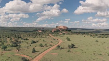 4 wheel drive on safari at Baboon Rock in Laikipia, Kenya. Aerial drone view