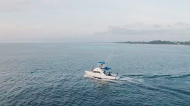 Deep sea fishing boat in the Indian Ocean at Watamu, Malindi, Kenya. Aerial drone view
