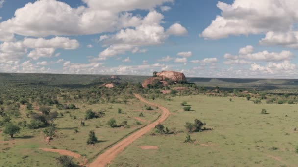 Wheel Drive Safari Baboon Rock Laikipia Kenya Aerial Drone View — 图库视频影像