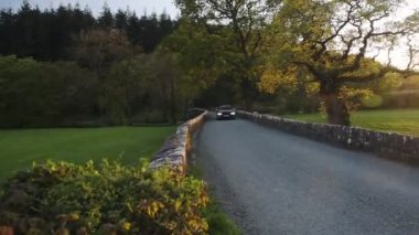 Car on a country road near trees and meadows in Pembrokeshire, Wales