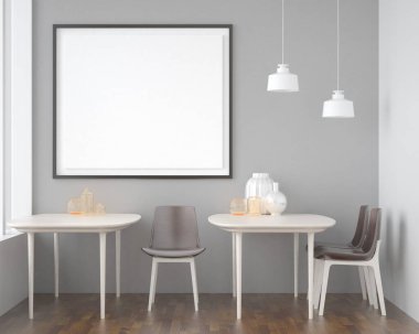 Minimal tarzda bir poster çerçevesi. Modern mobilyalarla iç içe. Minimalist iç tasarım. Oturma odası tasarımı. Boşluk beyaz arkaplanı kopyala Modern Beyaz Saray konsepti. 3B illüstrasyon.