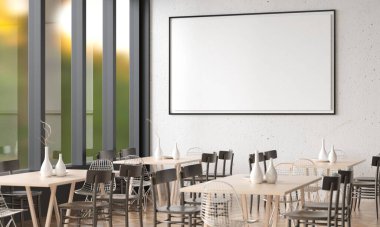 Minimal tarzda bir poster çerçevesi. Modern mobilyalarla iç içe. Minimalist iç tasarım. Oturma odası tasarımı. Boşluk beyaz arkaplanı kopyala Modern Beyaz Saray konsepti. 3B illüstrasyon.