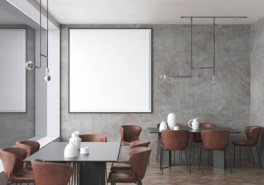 Minimal tarzda bir poster çerçevesi. Modern mobilyalarla iç içe. Minimalist iç tasarım. Oturma odası tasarımı. Boşluk beyaz arkaplanı kopyala Modern Beyaz Saray konsepti. 3B illüstrasyon.