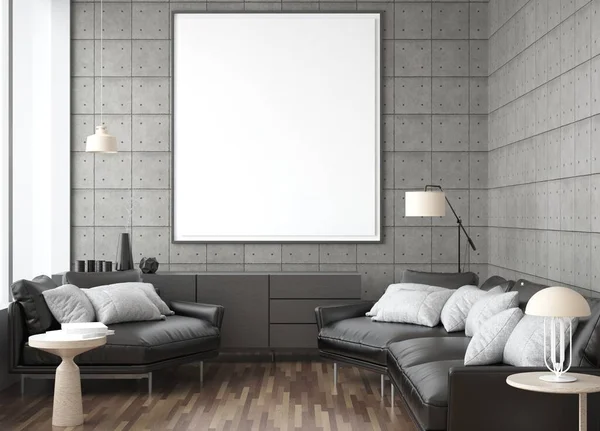 Minimal tarzda bir poster çerçevesi. Modern mobilyalarla iç içe. Minimalist iç tasarım. Oturma odası tasarımı. Boşluk beyaz arkaplanı kopyala Modern Beyaz Saray konsepti. 3B illüstrasyon.
