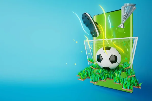 3d football on greenfield. watching sport online from a smartphone. football ball in the goal concept. 3d illustrator. sport competition streaming. live match on the mobile phone. trophy on a screen