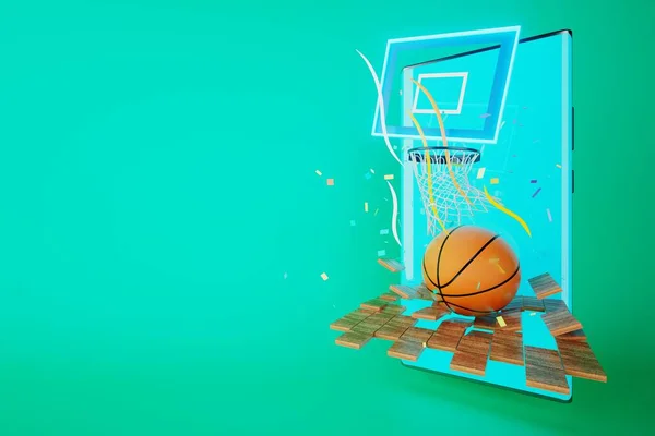 basketball in a sports stadium with a smartphone screen on a green background. broadcast sports live online on a mobile phone. 3d illustrator. healthy lifestyle application. online match lives watch.