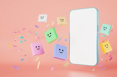 Alışveriş çantalı akıllı telefon. 3 boyutlu illüstrasyon. İnternetten alışveriş uygulaması konsepti. pembe arka plan. Pazarlama promosyonu al. Kopyalama alanı olan mobil aygıt. Dükkan başvuru formu. mobil aygıt.