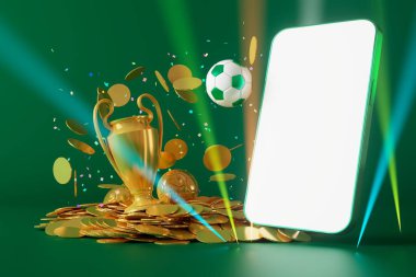 smartphone with a white screen. football ball on dark background. 3d illustration. sport competition application online. online live app broadcast. soccer game concept design. casino bet app mobile.