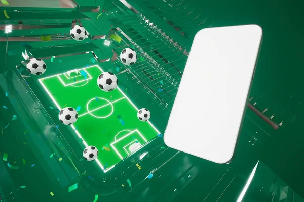 Beyaz ekranlı akıllı telefon. Futbol topu koyu arka planda. Kazanan kupayla futbol ayakkabıları. 3 boyutlu illüstrasyon. Spor yarışması başvurusu online. Çevrimiçi uygulama yayını. futbol oyunu