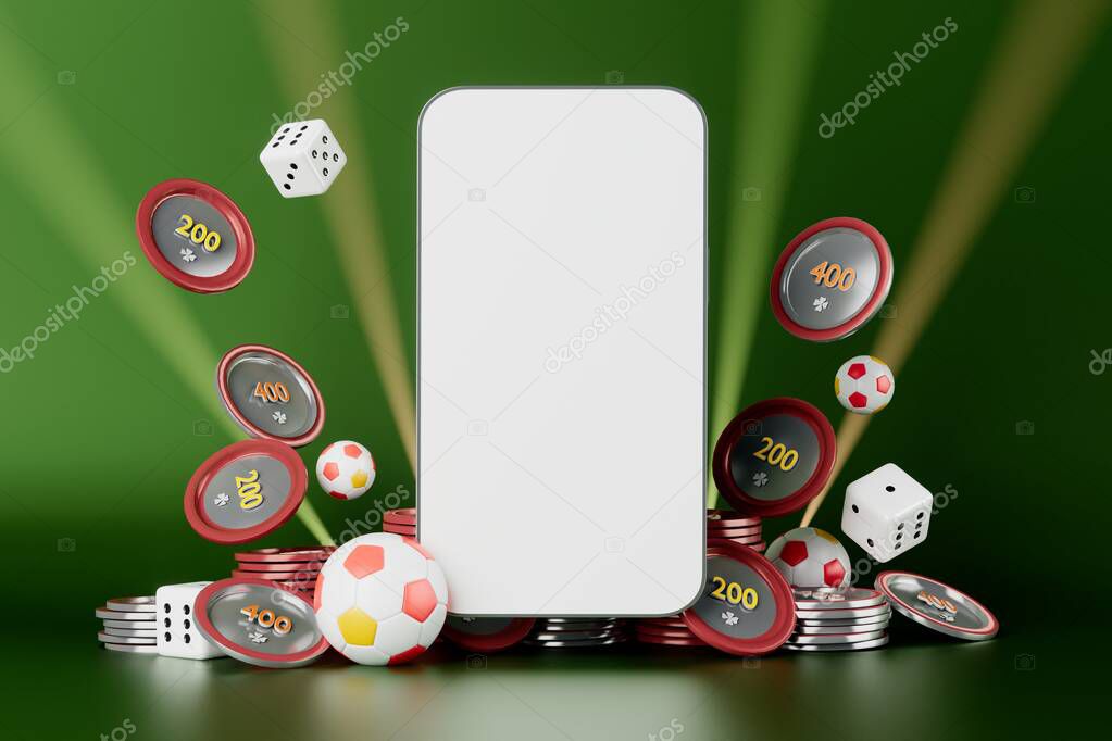 smartphone with a white screen. football ball on dark background. 3d illustration. sport competition application online. online live app broadcast. soccer game concept design. casino bet app mobile.
