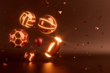 mavi arka planda spor objesi tasarımı. Altın kupa ve altın sikke. Spor topu tasarımı. 3 boyutlu illüstrasyon. Kumarhane bahisleri. Futbol tenisi voleybol golf sembolleri. oyun çevrimiçi şov