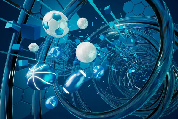 mavi arka planda spor objesi tasarımı. Altın kupa ve altın sikke. Spor topu tasarımı. 3 boyutlu illüstrasyon. Kumarhane bahisleri. Futbol tenisi voleybol golf sembolleri. oyun çevrimiçi şov