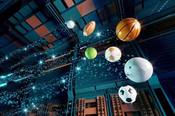 mavi arka planda spor objesi tasarımı. Altın kupa ve altın sikke. Spor topu tasarımı. 3 boyutlu illüstrasyon. Kumarhane bahisleri. Futbol tenisi voleybol golf sembolleri. oyun çevrimiçi şov