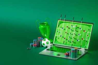 mavi arka planda spor objesi tasarımı. Altın kupa ve altın sikke. Spor topu tasarımı. 3 boyutlu illüstrasyon. Kumarhane bahisleri. Futbol tenisi voleybol golf sembolleri. oyun çevrimiçi şov