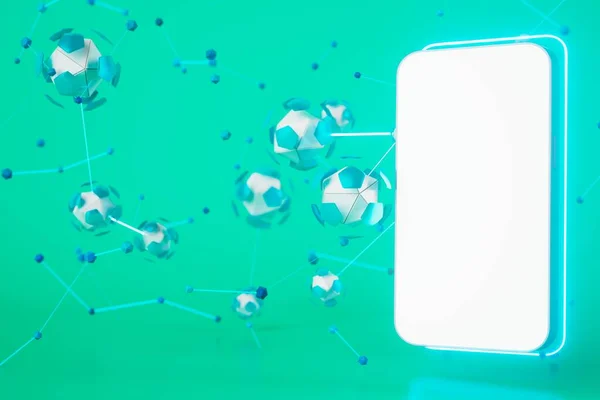 Beyaz ekranlı akıllı telefon. Futbol topu koyu arka planda. Kazanan kupayla futbol ayakkabıları. 3 boyutlu illüstrasyon. Spor yarışması başvurusu online. Çevrimiçi uygulama yayını. futbol oyunu