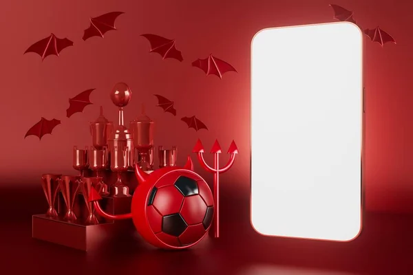Beyaz ekranlı akıllı telefon. Futbol topu koyu arka planda. Kazanan kupayla futbol ayakkabıları. 3 boyutlu illüstrasyon. Spor yarışması başvurusu online. Çevrimiçi uygulama yayını. futbol oyunu