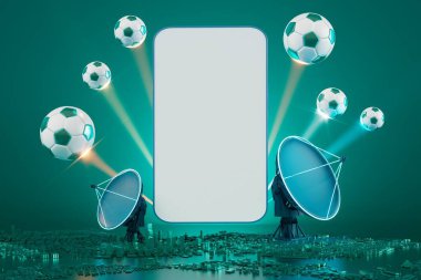 Beyaz ekranlı akıllı telefon. Esmer arka planda spor objesi. 3D kopyalama alanı. canlı yayın. 3 boyutlu illüstrasyon. Spor yarışması başvurusu online. Çevrimiçi uygulama yayını. futbol oyunu