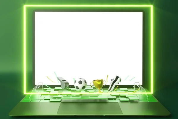 Beyaz ekranlı bir laptop. Futbol topu koyu arka planda. Kazanan kupayla futbol ayakkabıları. 3 boyutlu illüstrasyon. Spor yarışması başvurusu online. Çevrimiçi uygulama yayını. futbol oyunu