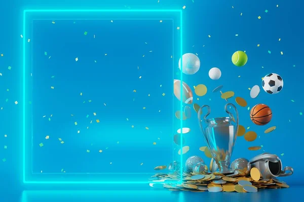Bilim kurgu arka planında spor topu. Üç boyutlu çizer. Yarışma konsepti Kumarhane tasarımı. Üç boyutlu nesne. Şampiyon çevresi. Futbol basketbol voleybolu golf tenis oyunu. Boşluğu kopyala.