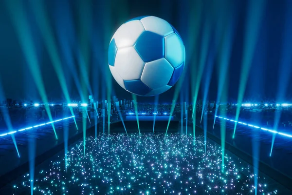足球物体在抽象的背景中 轻霓虹灯形状数字概念 球体符号图形运动 3D插画 深度模糊的背景 太空夜间闪耀的效果 运动线设计 — 图库照片