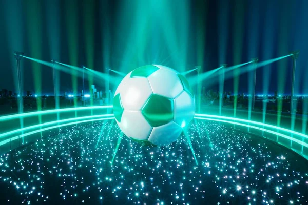 Soyut arkaplanda futbol topu nesnesi. Işık neon şekilli dijital konsept. top sembolü grafik sporlar. Üç boyutlu çizer. Derinlik bulanıklığı. Uzay gece parıltısı etkisi. hareket çizgisi tasarımı