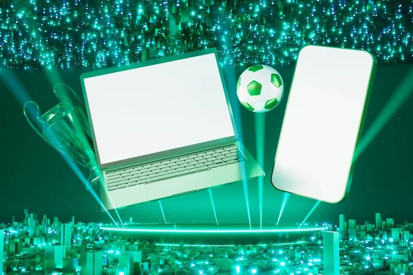Beyaz ekranlı akıllı telefon. Futbol topu koyu arka planda. Kazanan kupayla futbol ayakkabıları. 3 boyutlu illüstrasyon. Spor yarışması başvurusu online. Çevrimiçi uygulama yayını. futbol oyunu