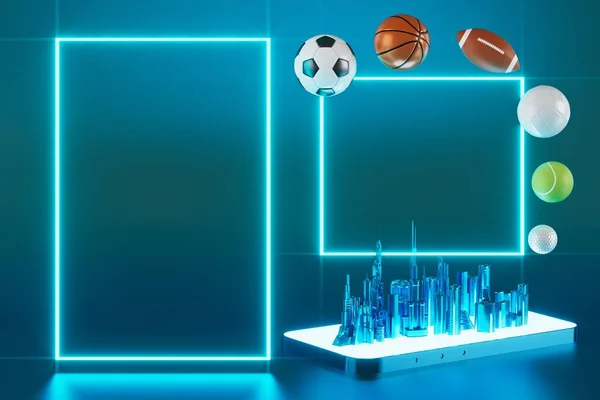 sports ball on sci-fi background. 3d illustrator. competition concept. casino backdrop design. 3d object. champion winner environment. football basketball volleyball golf tennis gameplay. copy space.