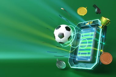 Soyut arkaplanda futbol topu nesnesi. Işık neon şekilli dijital konsept. top sembolü grafik sporlar. Üç boyutlu çizer. Derinlik bulanıklığı. Uzay gece parıltısı etkisi. hareket çizgisi tasarımı