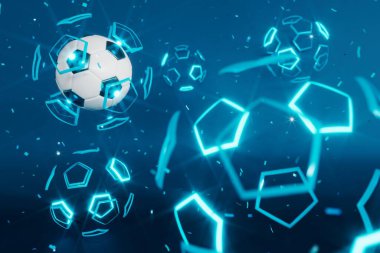 Soyut arkaplanda futbol topu nesnesi. Işık neon şekilli dijital konsept. top sembolü grafik sporlar. Üç boyutlu çizer. Derinlik bulanıklığı. Uzay gece parıltısı etkisi. hareket çizgisi tasarımı