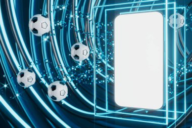 Akıllı telefon ekran hareketli futbol topu. Spor konsepti tasarımı. Üç boyutlu çizer. mavi arka plan. Spor internette canlı yayında. Kumarhane tasarımı. Hedef yarışması. 3D nesne oluşturma. hareket grafiği.