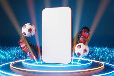 Akıllı telefon ekran hareketli futbol topu. Spor konsepti tasarımı. Üç boyutlu çizer. mavi arka plan. Spor internette canlı yayında. Kumarhane tasarımı. Hedef yarışması. 3D nesne oluşturma. hareket grafiği.