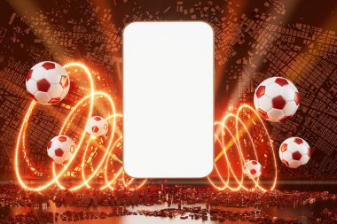 football ball with smartphone screen motion effect. sport concept design. 3d illustrator. blue background. sport online live. bet casino design. goal competition. 3d object render. motion graphic.