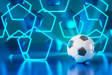 Soyut arkaplanda futbol topu nesnesi. Işık neon şekilli dijital konsept. top sembolü grafik sporlar. Üç boyutlu çizer. Derinlik bulanıklığı. Uzay gece parıltısı etkisi. hareket çizgisi tasarımı