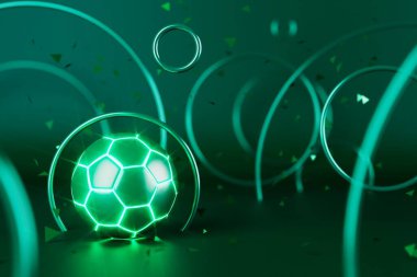 football 3d object in the abstract background, arena concept design, copy space, 3d illustration, glow neon light text frame, 3d rendering element, soccer game sport, sports equipment, realistic ball