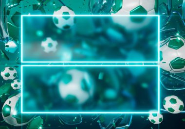 football 3d object in the abstract background, arena concept design, copy space, 3d illustration, glow neon light text frame, 3d rendering element, soccer game sport, sports equipment, realistic ball
