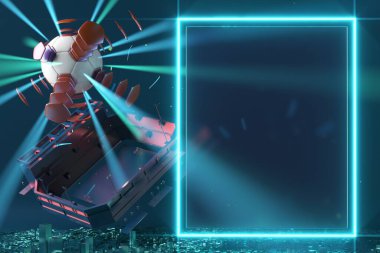 football 3d object in the abstract background, arena concept design, copy space, 3d illustration, glow neon light text frame, 3d rendering element, soccer game sport, sports equipment, realistic ball